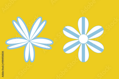 Beautiful spring blossom pattern with white daisy and yellow plumeria flowers on blue and white backgrounds for a floral vector design