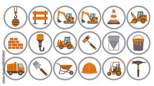 construction icons set, orange equipment symbols