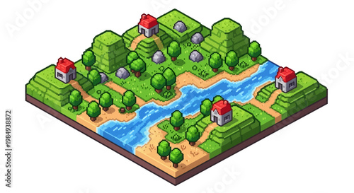 Isometric pixel art village with river and houses.