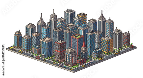 Isometric Cityscape with Diverse Skyscrapers and Urban Streets.
