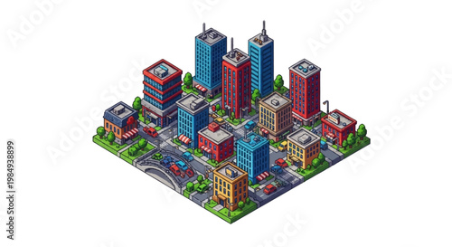 Isometric Cityscape with Tall Buildings and Streets.