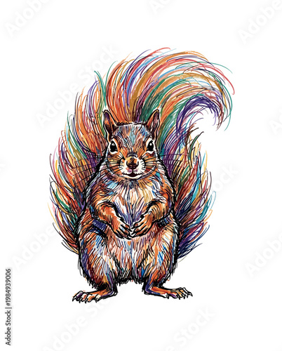 Whimsical squirrel drawing with a vibrant, rainbow-colored bushy tail