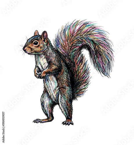Artistic squirrel illustration with vibrant, multicolored fur and bushy tail