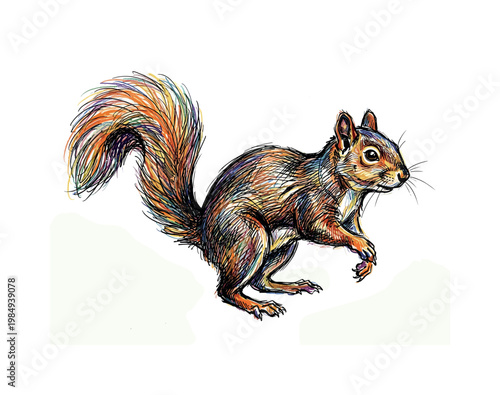 Vibrant, colorful sketch of a squirrel with a bushy, rainbow-hued tail on white background