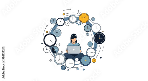 Businesswoman with laptop. Time management concept. Vector illustration of woman surrounded by clocks. Office worker icon. Time and productivity symbol. Modern flat design. White background.