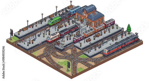 Isometric Train Station with Multiple Platforms and Trains.
