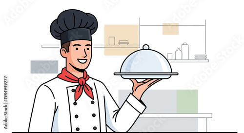 Smiling Chef Presenting Delicious Meal Under Cloche in Restaurant Kitchen