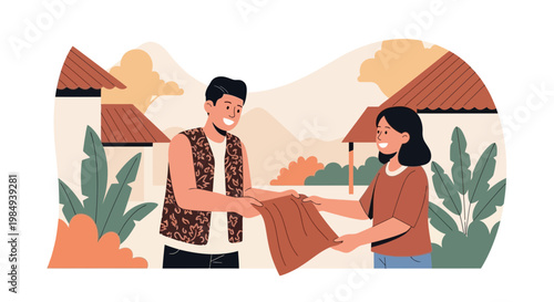 Smiling Indonesian couple exchanging goods in a village setting with traditional houses and lush greenery.