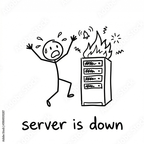 Panicking stick figure IT admin with server rack on fire