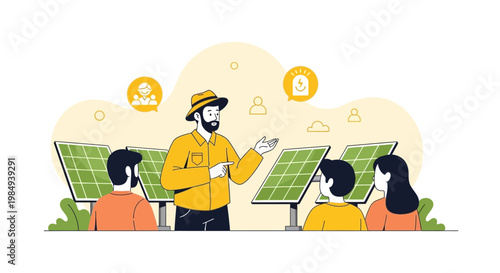 Solar energy training: expert teaches people about renewable power and sustainability