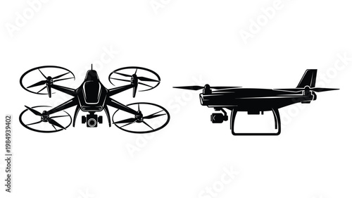 Two views of a modern drone presented in striking silhouette