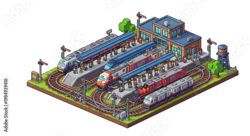 Isometric Train Station With Multiple Trains and Platforms.
