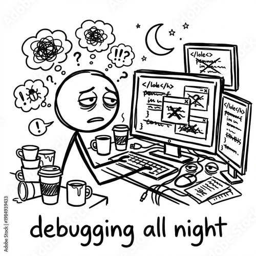 Exhausted stick figure programmer debugging code all night with coffee