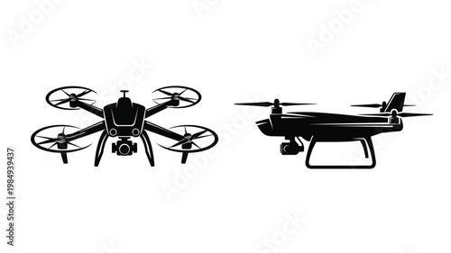 Two drones displayed in a stark black silhouette