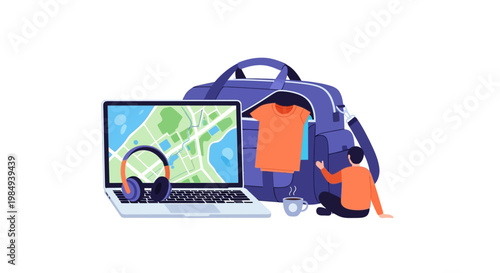 Travel planning illustration. Laptop with map. Backpack and clothes. Travel accessories on white background. Vector illustration.