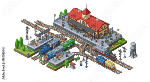 Isometric Train Station With Multiple Trains and Tracks.
