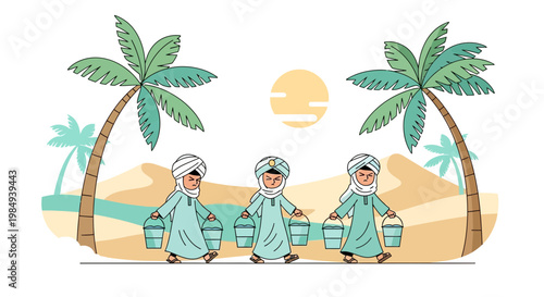 Three boys in traditional clothes carrying water buckets in a desert oasis with palm trees and sand dunes