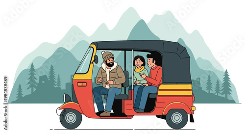 Three people riding in a colorful auto-rickshaw through a mountainous landscape.