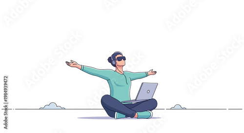 Man wearing VR headset. Sitting with laptop. Person in virtual reality glasses. Relaxed man with computer. Vector illustration on white background.