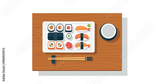 Top view of a sushi platter with chopsticks and soy sauce on a wooden table