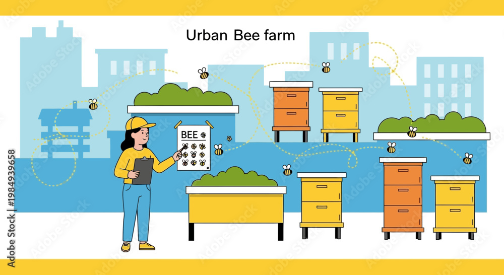 Fototapeta premium Urban Bee Farm: Beekeeper Manages Hives on City Rooftop Garden