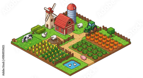 Isometric Farm Scene with Animals and Crops.