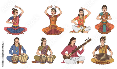 Indian classical dancers musicians vector traditional cultural illustration