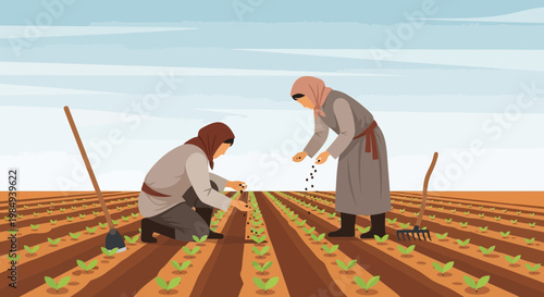 Two women planting seeds in a field, agricultural work, organic farming, sustainable agriculture