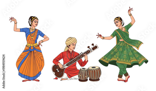 Indian classical dance vector set musicians traditional costume illustration