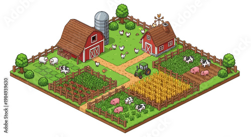 Isometric Farm Scene with Animals and Crops.