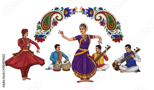 Indian classical performing arts vector dancers musicians traditional design