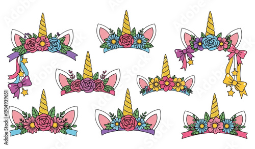 Unicorn horn tiara set vector flowers ears hearts cartoon illustration