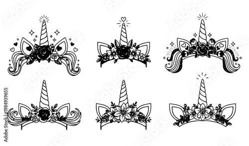 Unicorn tiara vector set golden horn flowers cartoon flat style