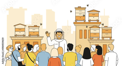 Urban Beekeeper Explains Hive Management to Diverse Crowd on Rooftop
