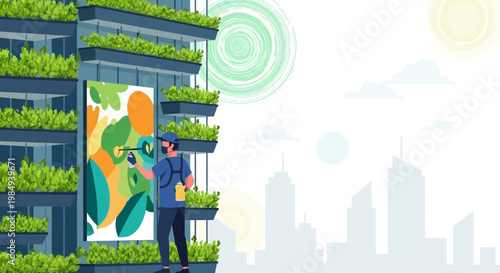 Urban artist paints mural on green building facade with plants, city skyline background