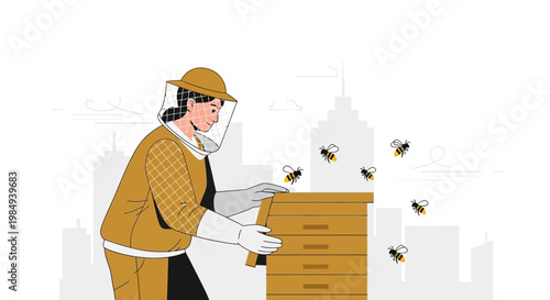 Urban Beekeeper in Protective Suit Tending to Beehive with City Skyline Background