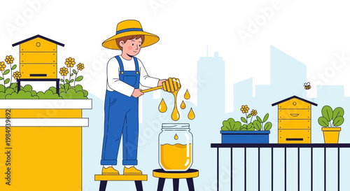 Urban Beekeeper Harvesting Honey from Rooftop Apiary with Cityscape Background