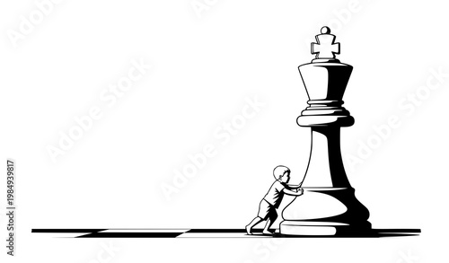 Child pushing chess king vector black white concept strategy illustration