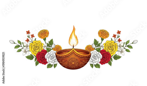 Diwali diya lamp vector festive flame flowers decorative illustration