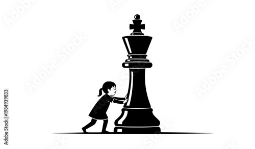Chess concept vector child pushing king piece strategy black white illustration