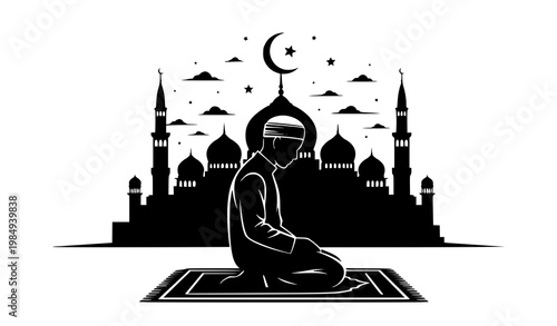 Muslim prayer silhouette vector mosque background Islamic worship illustration