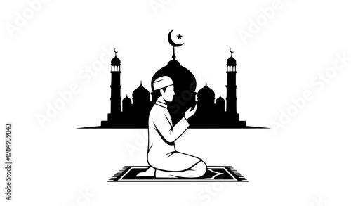 Islamic prayer vector silhouette mosque crescent moon worship scene