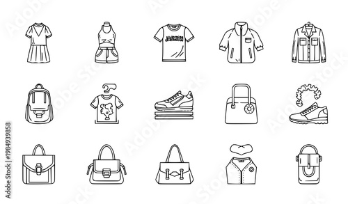 Fashion lifestyle icons vector set dress hanger hat smartphone mannequin