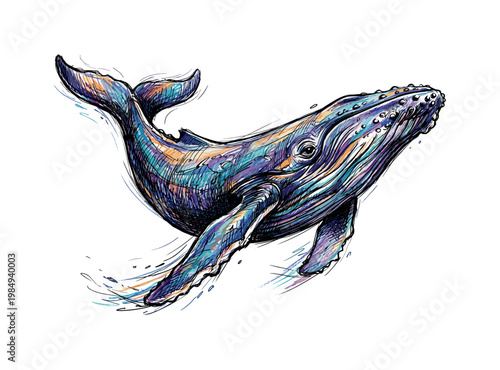 Vibrant, colorful illustration of a humpback whale breaching in the ocean