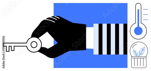 Security, access control, environmental awareness, innovation, technology, modern design. A hand holding a key, thermometer and plant icon on a blue background. Security and access control concept