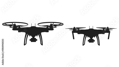 Two unmanned aerial vehicles displayed in a stark black silhouette