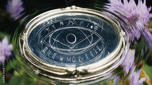 Mystical mirror reflecting esoteric symbols surrounded by vibrant flowers, embodying metaphysical concepts and the allure of magic in a serene natural setting