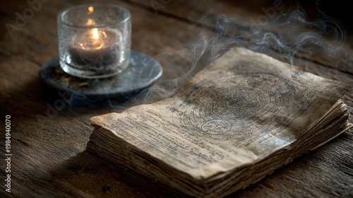 Ancient mystical book with intricate symbols lies on a rustic wooden table beside a glowing candle, surrounded by ethereal smoke, evoking a sense of magic and spirituality