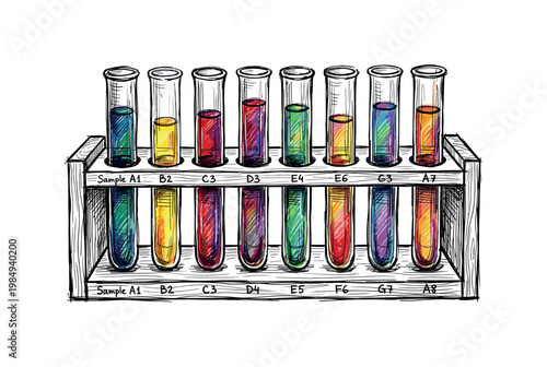 Hand-drawn illustration of colorful liquids in a test tube rack for scientific experiments