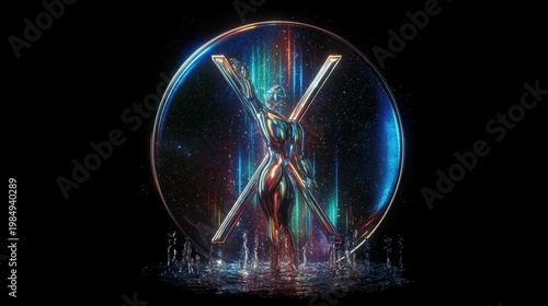 Futuristic humanoid figure stands within a luminous sphere, surrounded by vibrant colors and reflections, embodying themes of mysticism, metaphysics, and spiritual exploration